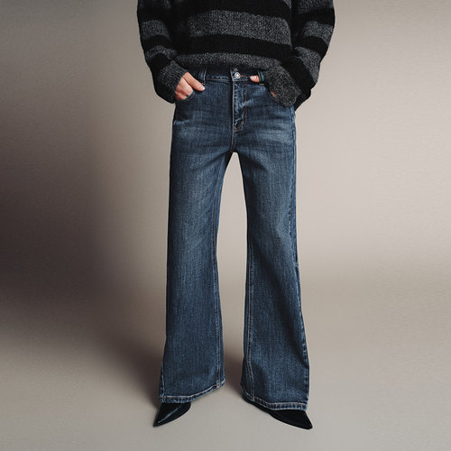 UR国内代购2025冬季女装休闲风复古水洗喇叭牛仔长裤UWJ850103