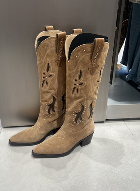 UR国内代购2025秋季女士钟楚曦同款时髦潮流真皮长靴UAWS50105