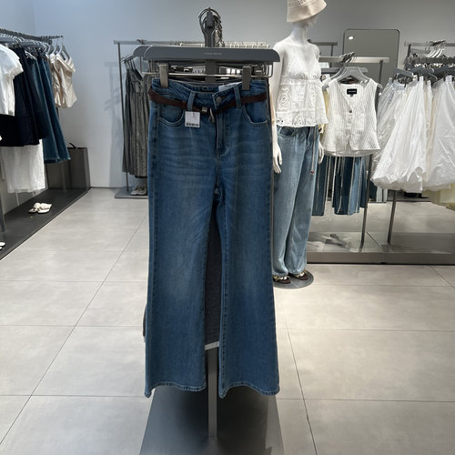 UR国内代购2025夏季女装复古波嬉风腰带喇叭牛仔长裤UWH850043