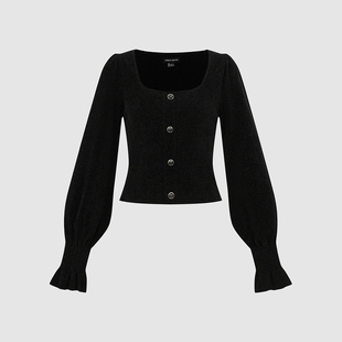 UR国内代购2026春季女装魅力绒面泡泡袖钻扣短款针织衫UWG960022