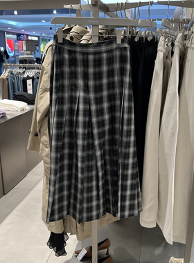 UR国内代购2025春季女装潮流复古休闲撞色格纹长款半裙UWJ550010