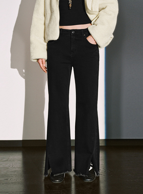 UR国内代购2025冬季女装复古摩登毛边立缝喇叭牛仔长裤UYY850298
