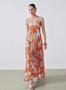 UR国内代购2026夏季女装撞色花卉印花V领细吊带连衣裙UWH760028