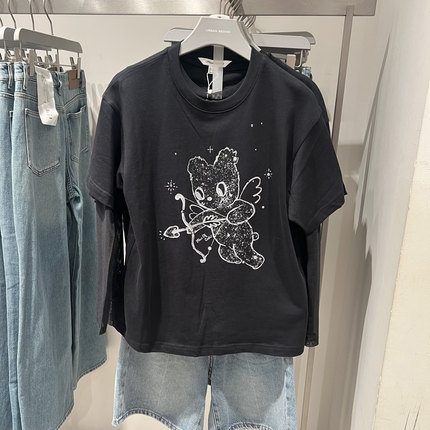 UR国内代购2025秋季女装潮流真两件趣味小熊印花T恤UYV450250