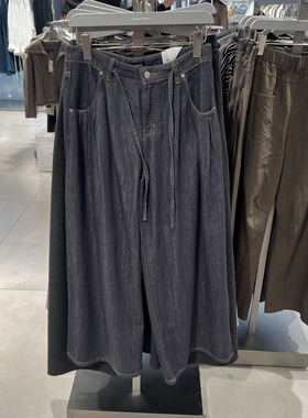 UR国内代购2025冬季女装潮流撞色明线系带阔腿牛仔长裤UWJ860007