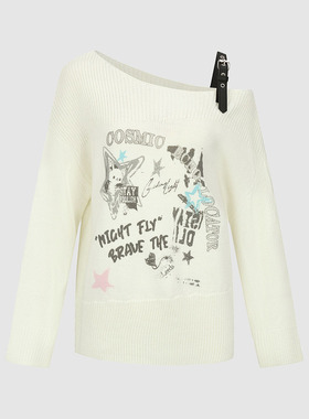 UR国内代购2026春季女粉彩风潮流印花拼接斜肩领针织衫UYV960024