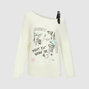 UR国内代购2026春季女粉彩风潮流印花拼接斜肩领针织衫UYV960024