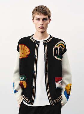 UR国内代购2025秋季男装潮流休闲撞色拼接提花针织开衫UMV950026