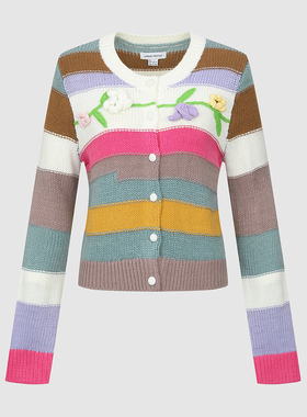 UR国内代购2025秋季女多巴胺撞色条纹立体花朵针织开衫UYL950211