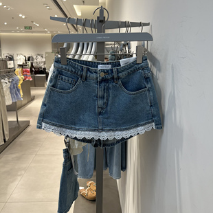 UR国内代购2025夏季女装时尚休闲拼接蕾丝刺绣牛仔短裤UYL850068