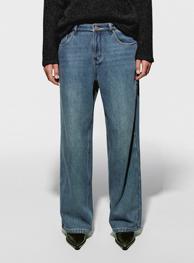 UR国内代购2025冬季女装气质做旧水洗加绒阔腿牛仔长裤UWM850281