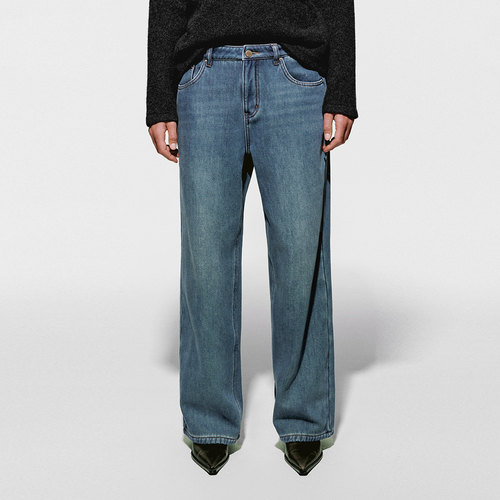 UR国内代购2025冬季女装气质做旧水洗加绒阔腿牛仔长裤UWM850281