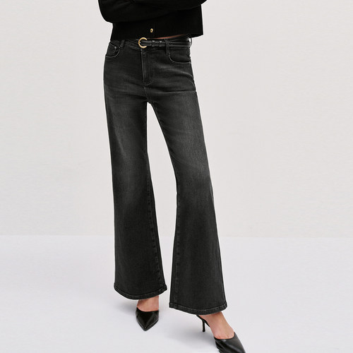 UR国内代购2025冬季女装复古休闲腰带喇叭抓绒牛仔长裤UWG850201