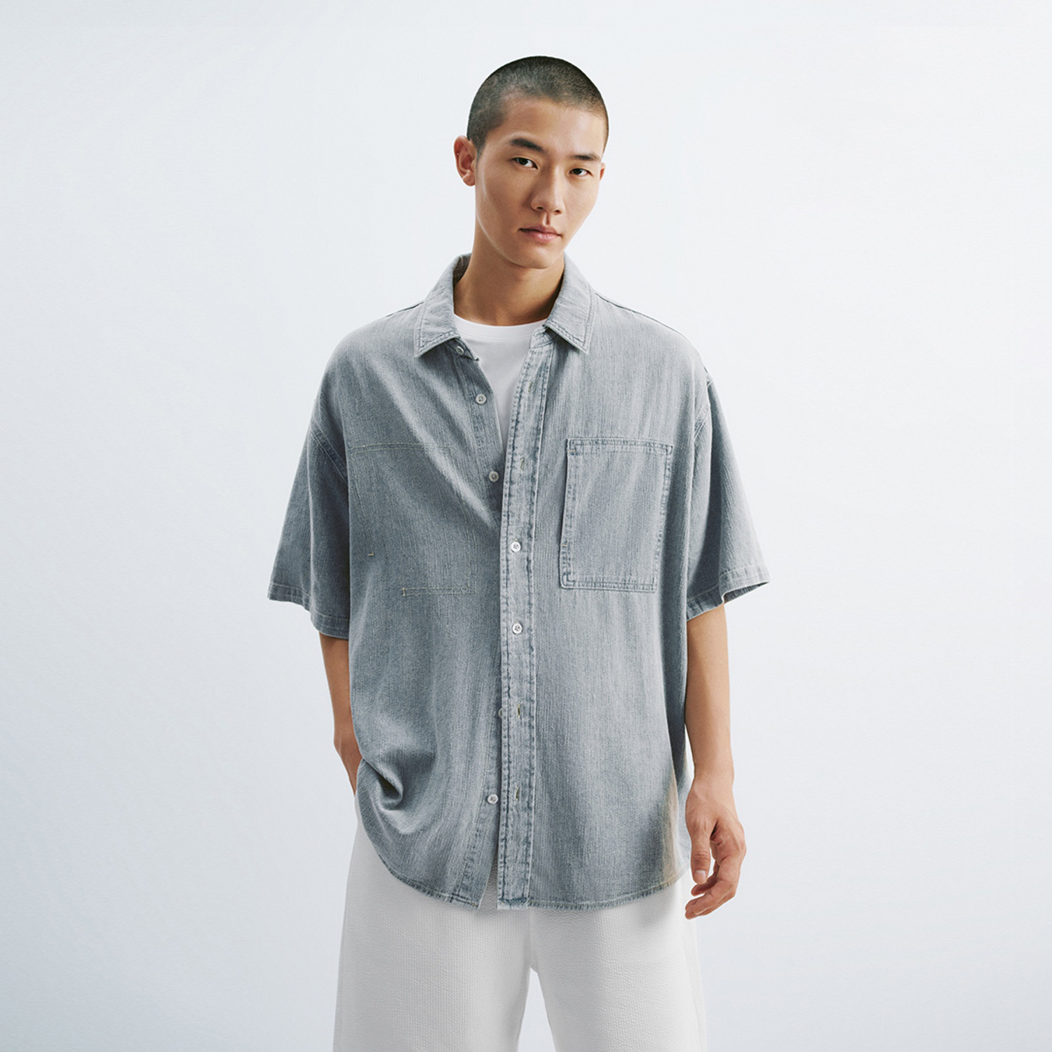 UR国内代购2025夏季男装时尚复古休闲百搭短袖牛仔衬衫UML850081