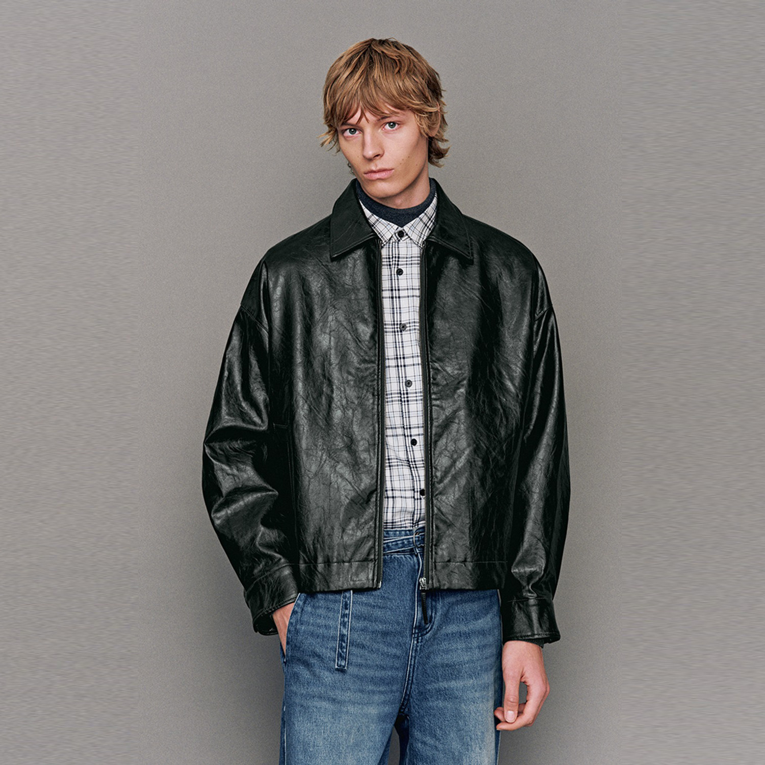 UR国内代购2025冬季男装时尚翻领拉链PU超宽松夹克外套UMF150109