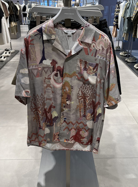 UR国内代购2025夏季男休闲度假不规则印花短袖开襟衬衫UML250044