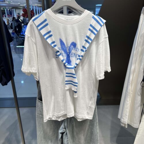 UR国内代购2026夏季女装潮流假两件撞色条纹做旧印花T恤UYV460163