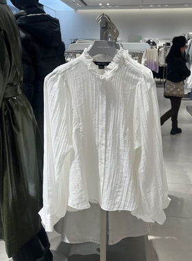 UR国内代购2025春季女装优雅木耳边褶饰长袖开襟衬衫UWM250010