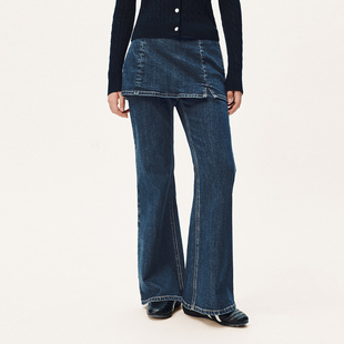 UR国内代购2025冬季女装假两件裙裤蝴蝶结饰牛仔长裤UYL850215