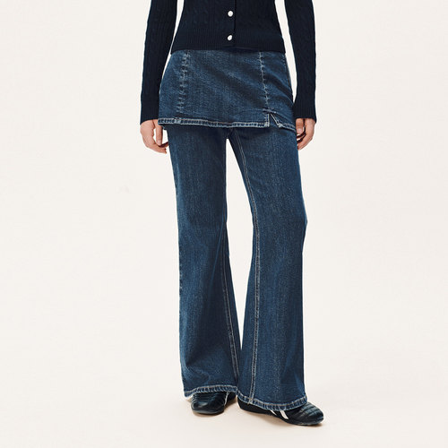 UR国内代购2025冬季女装假两件裙裤蝴蝶结饰牛仔长裤UYL850215