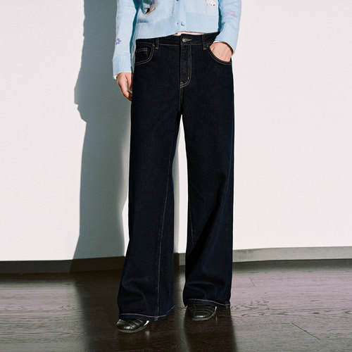 UR国内代购2025冬季女装休闲简约气质百搭阔腿牛仔长裤UYY850290