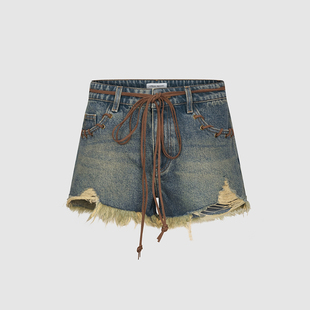 UR国内代购2025夏季女复古废土风做旧洗水系带牛仔短裤UYL850124