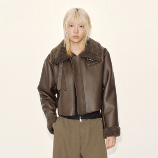 琥珀流光风潮流毛绒PU短款 女装 外套UYV150105 2025冬季 UR国内代购