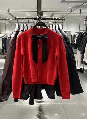 UR国内代购2026春季女休闲蝴蝶结圆领红色短款针织开衫UWH960008