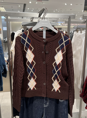 UR国内代购2026春季女装都市撞色菱格绞花短款针织开衫UYU960045