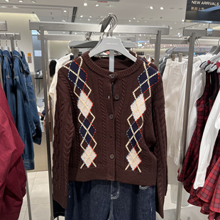 UR国内代购2026春季女装都市撞色菱格绞花短款针织开衫UYU960045