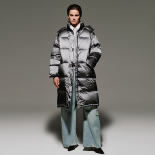 UR国内代购2025冬季女装流光风潮流连帽立领长款羽绒服UWJ150071