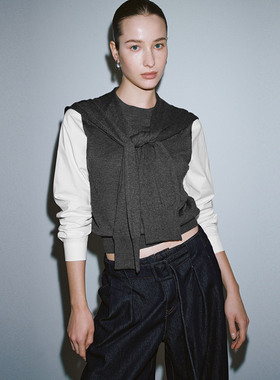 UR国内代购2026春季女装气质撞色假两件绑带披肩针织衫UWM960006