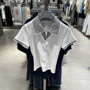 UR国内代购2025秋季女装学院风假两件拼接格纹短袖T恤UYL450258