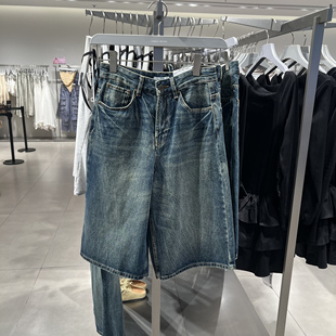 UR国内代购2025秋季女装复古水洗做旧阔腿中裤牛仔裤UYV850158