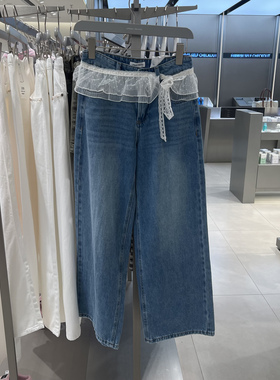 UR国内代购2025秋季女装休闲蕾丝花边水洗阔腿牛仔长裤UYL850188