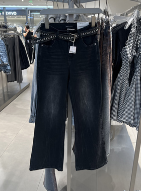 UR国内代购2025秋季女装摩登中性水洗腰带喇叭牛仔长裤UWJ850079