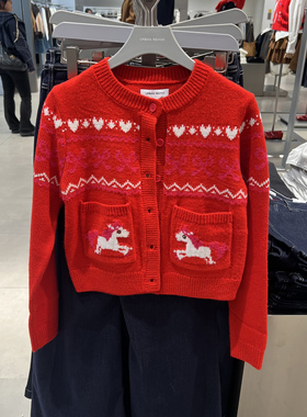 UR国内代购2025冬季女都市费尔岛小马红色提花针织开衫UYU960014