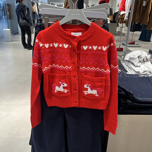 UR国内代购2025冬季女都市费尔岛小马红色提花针织开衫UYU960014