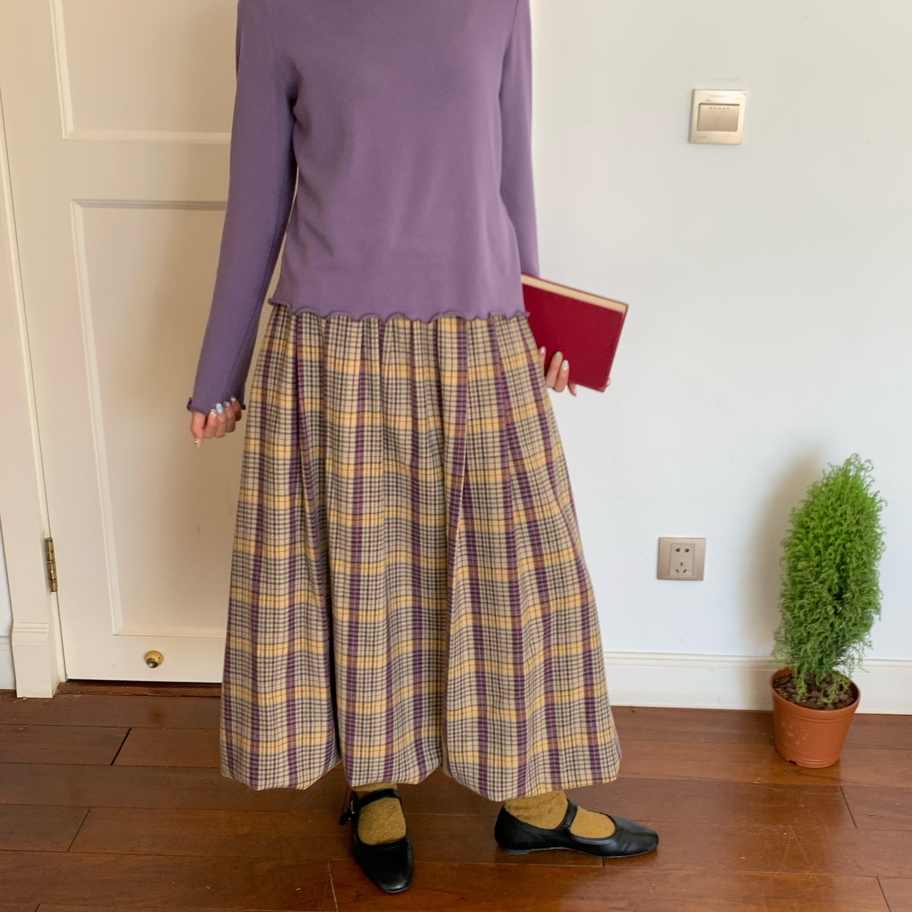 秋屿moment 自制 复古百搭彩格子蓬蓬半身裙