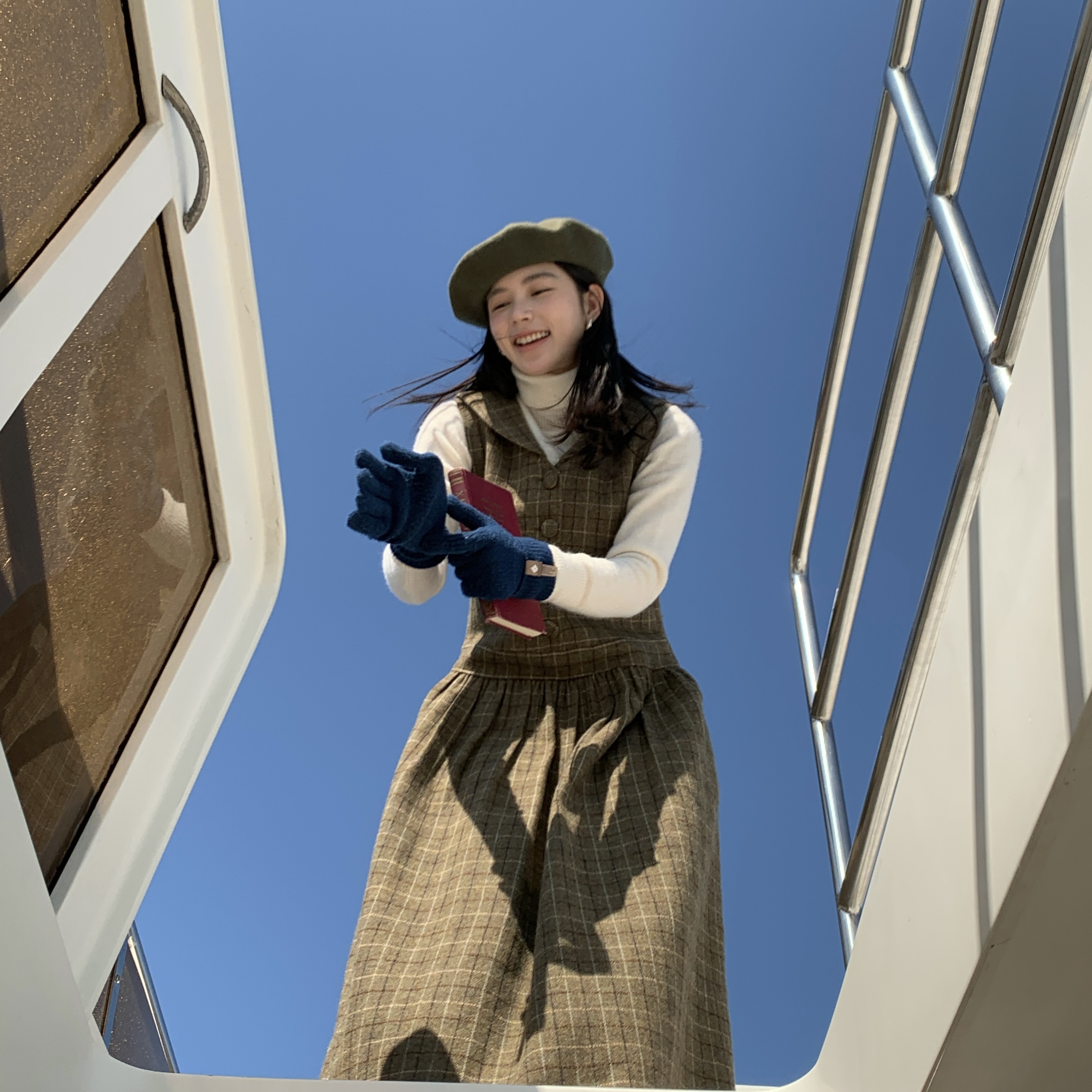 秋屿moment 自制 百搭格子海军领无袖连衣裙