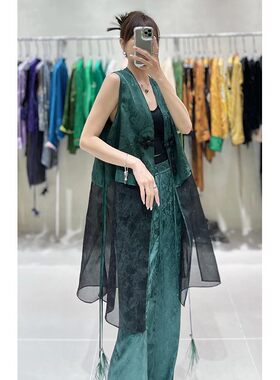 复古中国风拼接中长款风衣马甲女