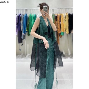 气质夏季2023法式新款欧根纱真丝撞色拼接过膝中长款风衣式马甲女