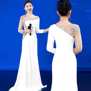 新款主持人晚礼服晚宴年会聚会party气质长袖显瘦学生艺考连衣裙