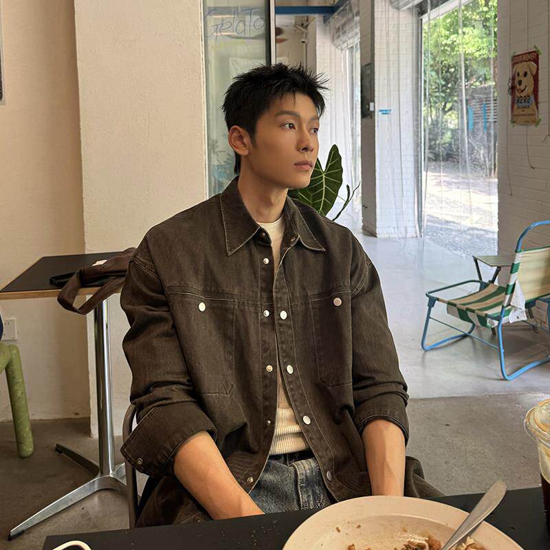 马克斯星球 水洗牛仔衬衫外套男秋季新款美式复古宽松休闲百搭