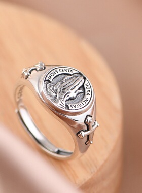 925纯银戒指男潮高级感祈祷之手男士潮牌个性复古指环开口可调节