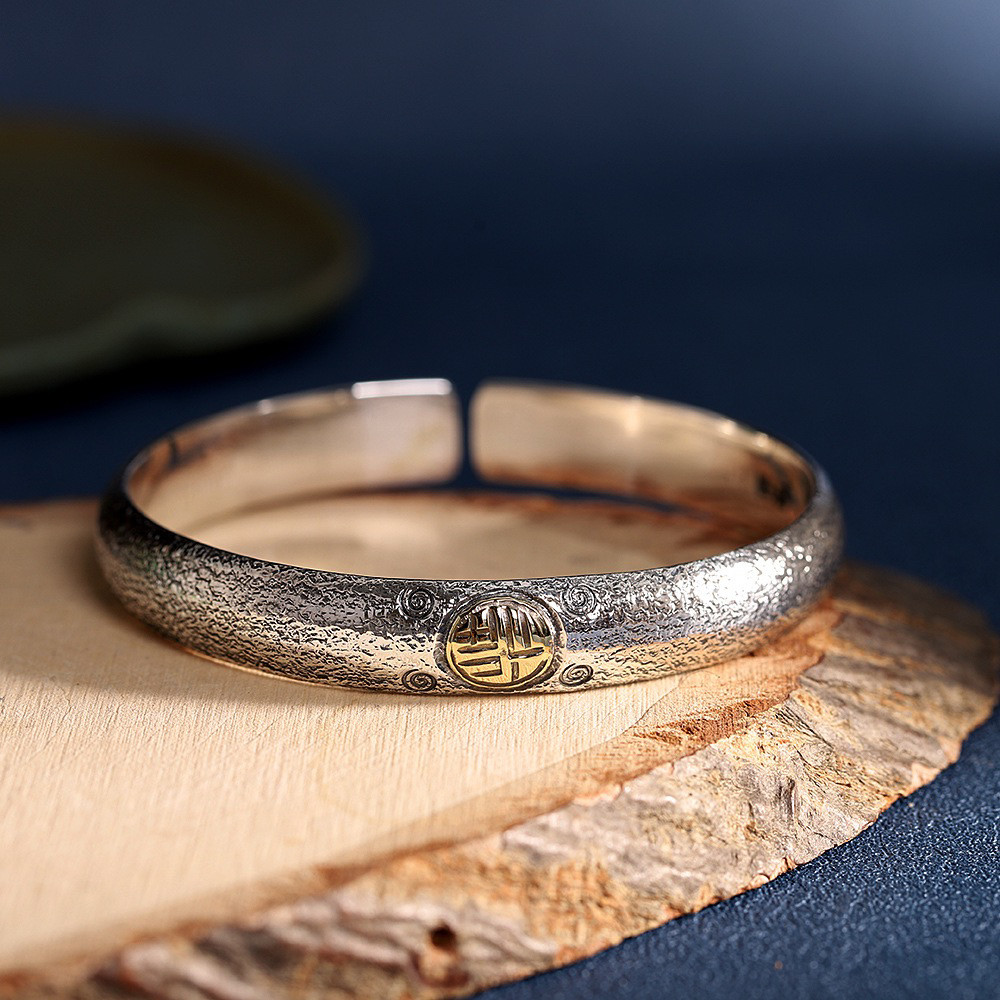 999足银女款手镯 复古时尚个性锤纹平安喜乐开口手镯送女友礼物