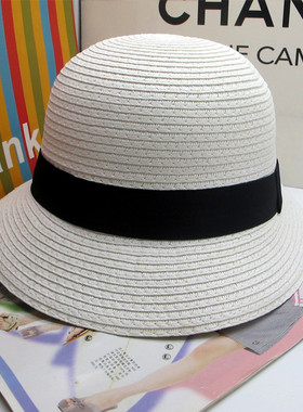 新品韩版草帽子女夏天遮阳海边沙滩草帽小头黑色带子纯白色渔夫帽