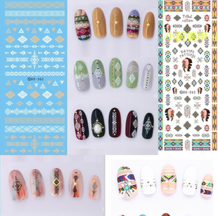 美甲水印贴纸饰品 日系光疗指甲贴花波西米亚印第安羽毛流苏花纹