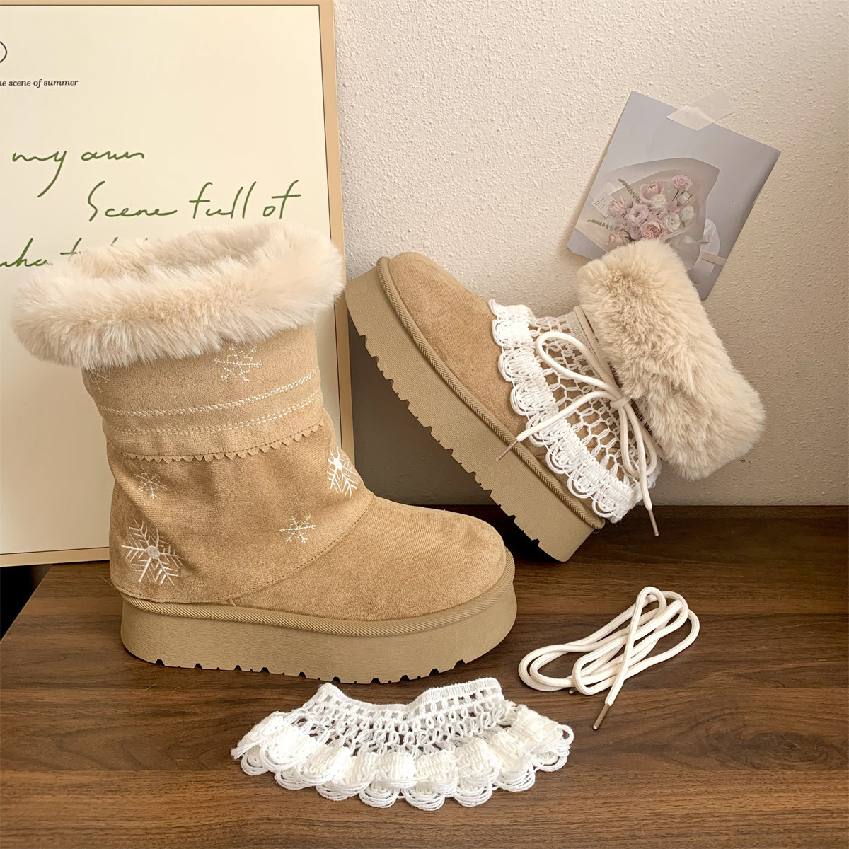 冬季2025网红爆款折叠两穿费尔岛时尚ins潮休闲百搭毛茸茸雪地靴,女鞋,时尚雪地靴,淘宝优惠券,粉丝福利购,淘宝优惠卷