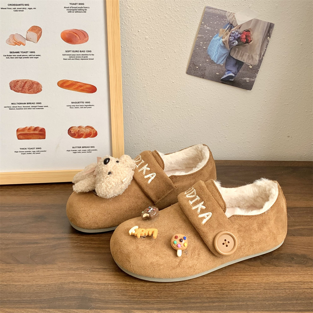 可爱DIY小熊挂件装饰2025秋冬新款小众休闲复古平底学生勃肯棉鞋